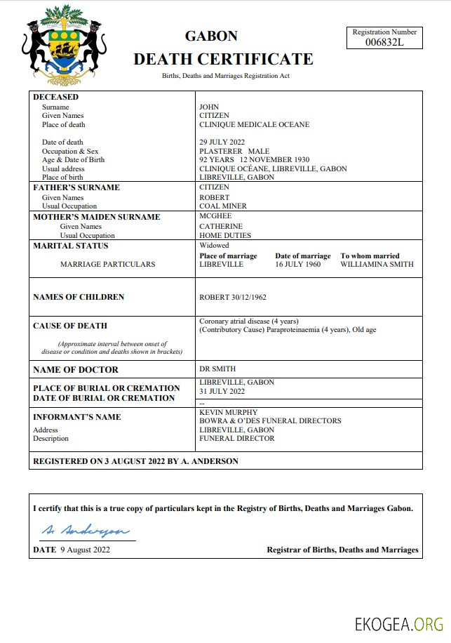 Modèle Word et PDF d'acte de décès au Gabon